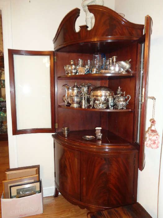 vintage corner cabinet w/doors open, much silver in this sale