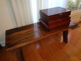 bench, several sets of flatware