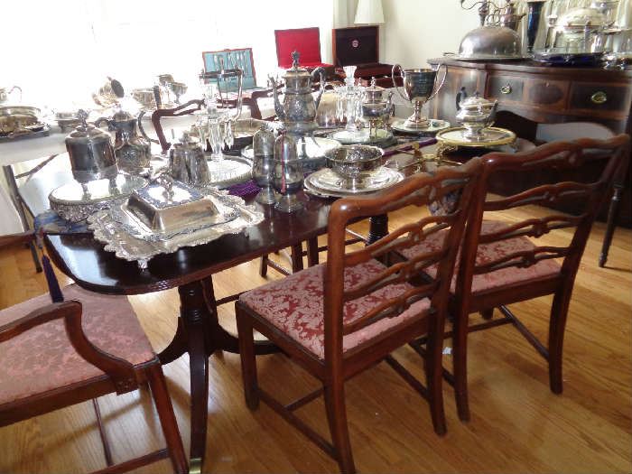 dining table, much silver plate & some sterling serving pieces