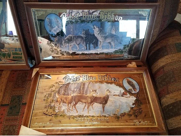 Pabst Blue Ribbon beer mirrors. Wildlife collection. 1991 Whitetails, Timber Wolves