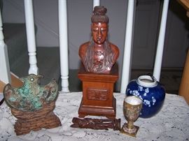 MISC LOTS AND LOTS  WOOD CARVINGS PORCELAIN