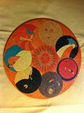 Seven Deadly Sins. Coral, black and turquoise unique completed puzzle mounted on a board.