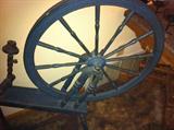 Vintage Country Craft Folk Art Wood Spinning Wheel, teal blue