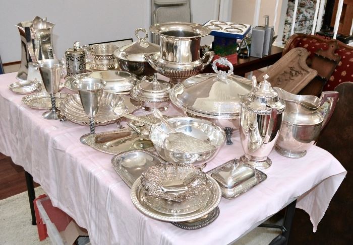 Table FULL of Silver Plate Servingware