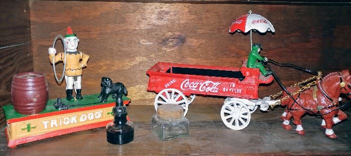 cast iron coca cola wagon, cast iron clown bank