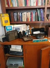 books, printer, dish boxes, vintage radios, 8 track player
