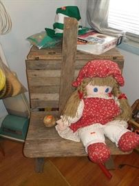 rag doll, antique wood school desk