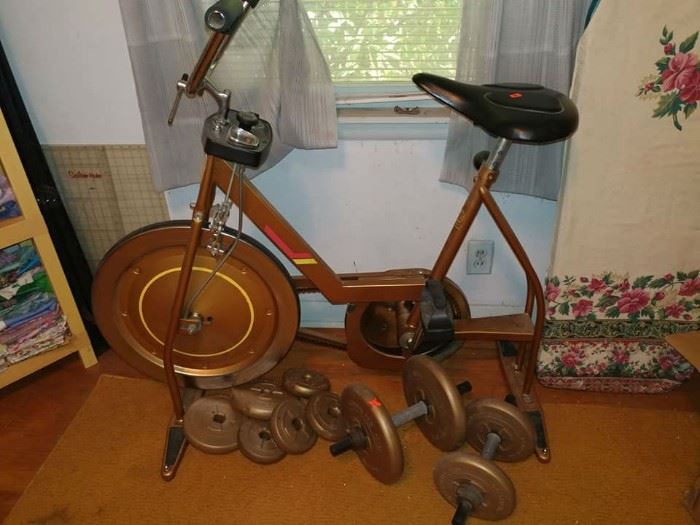 vintage stationary bike, weights