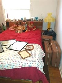 vintage bed, vintage luggage, vintage toys, table lamp