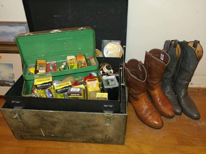cowboy boots, fishing lures, fishing accessories, tackle box