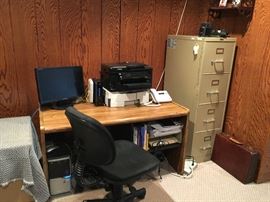 Computer Desk, Chair, File Cabinet, Printer, Monitor