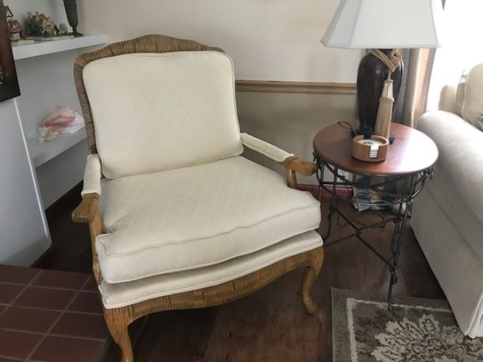 Bergere chair and wood and iron side table