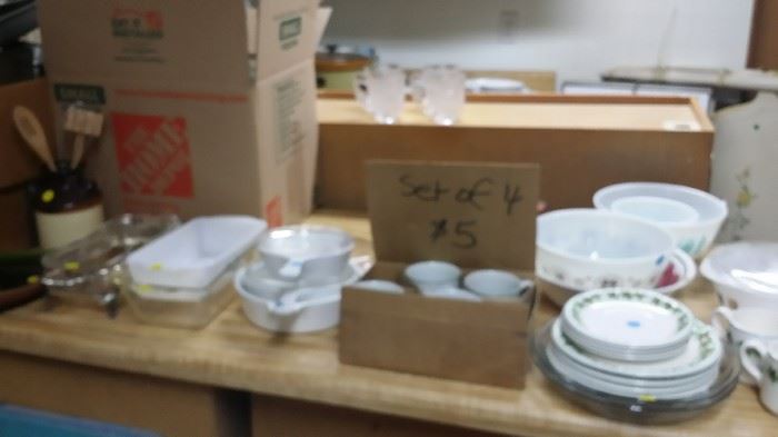 Kitchen loaf pans, casserole dishes, large serving bowls and Christmas china