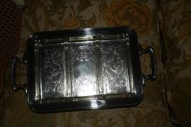 Silverplate tray, roughly 10" x 13" with three glass dishes.