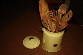 Collection of Wooden Implements in Enamelware Pot