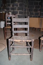 Handmade, hand-caned ladderback chair, plus several factory made chairs