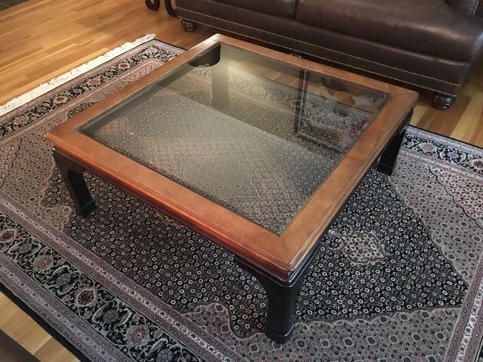 Two-tone square wood coffee table with glass insert