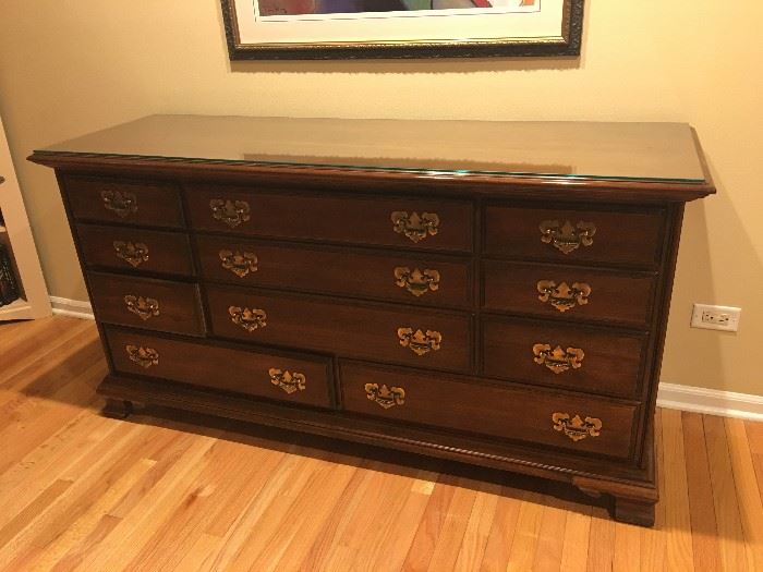 Early American-style long low dresser with custom cut glass top