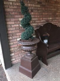 Metal planter urn on riser (1 of 2, faux topiary is NOT for sale)
