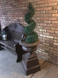 Metal planter urn on riser (2 of 2, faux topiary is NOT for sale)