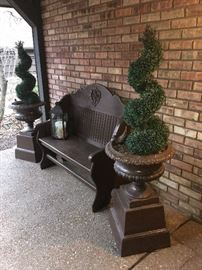 Metal garden urns on risers (faux topiaries are NOT for sale,) wood garden bench all painted a rich brown color
