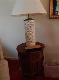 China lamp and Indian carved table.