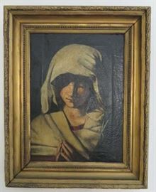 Cira 1800's Young Girl Praying  Portrait Canvas Painting, Artist Signed