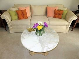 Pem-Kay Furniture Company Sofa & Matching Arm Chair. Hollywood Regency Marble Top Coffee Table 
