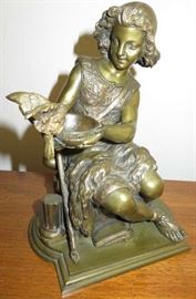 Antique Girl with bowl feeding a bird Bronze Statue 
