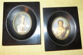 Pair Antique Hand Painted Victorian Woman Porcelain Plaques, Italy 