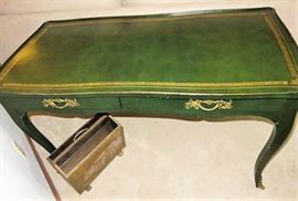 Antique Green Gilt Trim Leather Top, Double Drawer Desk By Bodart