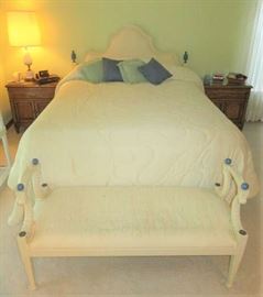 Hollywood Regency White Upholstered Headboard & Matching Bed Bench