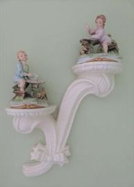 Pair Wall Sconce Shelf with Bisque Girl/Boy Figurines