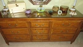 Vintage Century Furniture Glass Top Dresser & Matching Night Stands