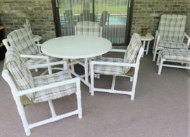 White PVC Patio Table/Chair Set, Chair w/Ottoman & Side Tables