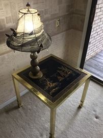 Black and brass tone side table Asian theme