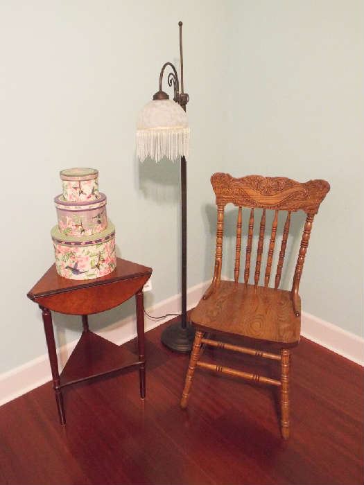 One of four oak chairs, side table & lovely floor lamp