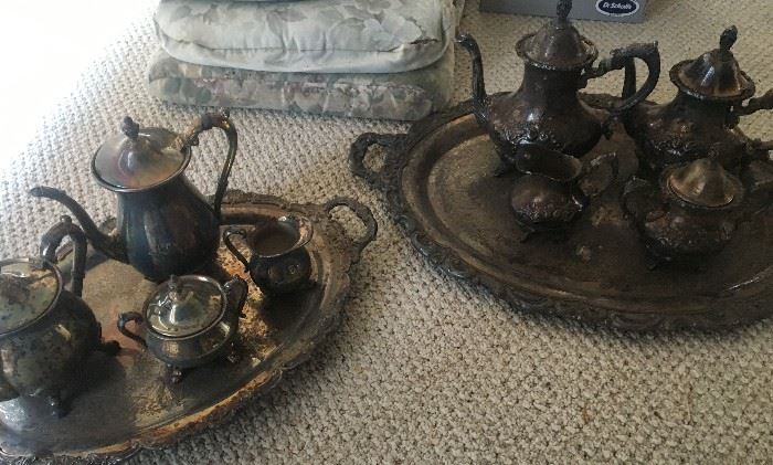 2 sets of silver plate towle Coffee /Tea pot/C/S and tray.