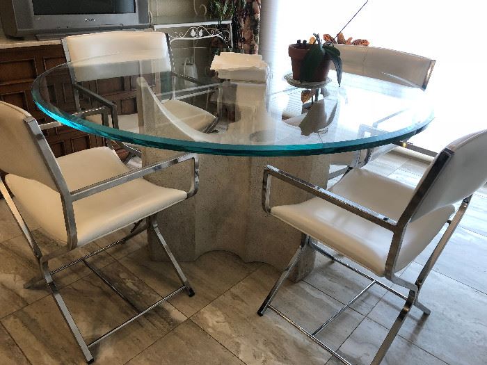 Mid Century Modern Kitchen table with 4 chairs Beveled glass top with stone/concrete base Chrome and leather chairs