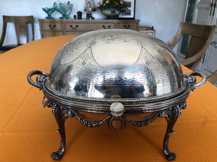 Antique Victorian Fancy revolving Dome top silverplate footed handled Vegetable Server