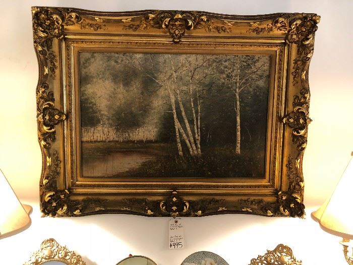 Lovely early 20th C. Oil Painting of Birch Trees on Canvas, signed Raphael S.  
