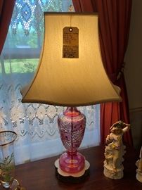 Bohemian Cranberry Cut to Clear Baluster Form Table Lamp Mid 20th C. 