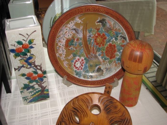Chinese persimmon vase, mushroom doll, champleve peacock plate
