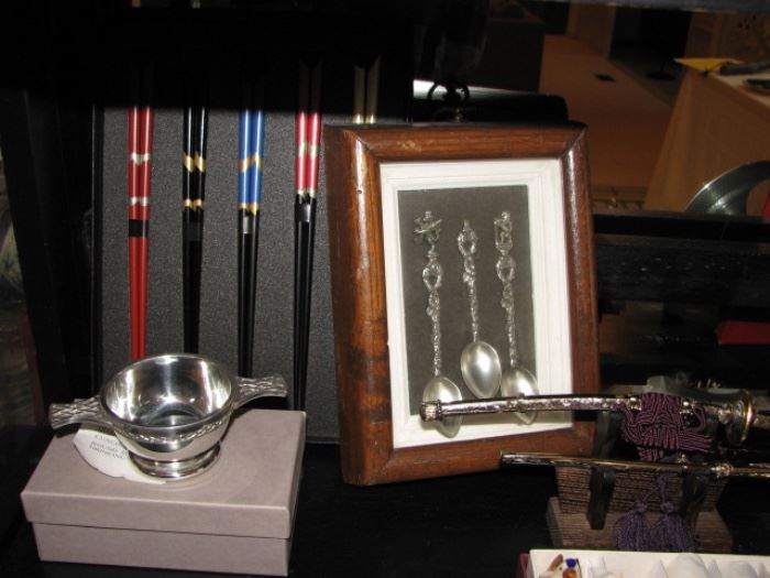 chopsticks, silver spoons