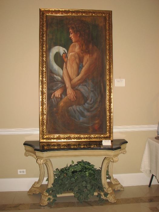 Thomas Rut oil on canvas (large), black marble topped hall table