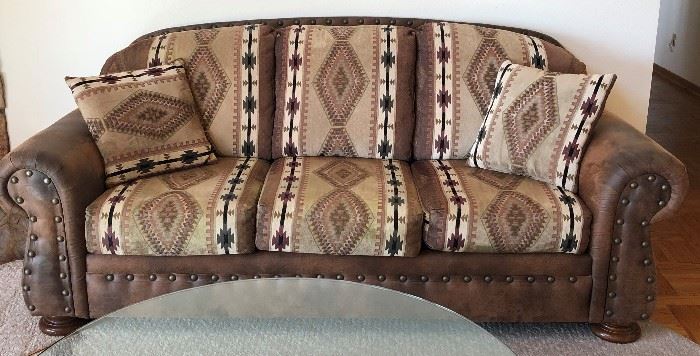 Nailhead Leather and Fabric Rolled Arm Sofa