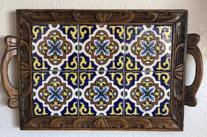 Tile Tray w Carved Wood Frame and Handles