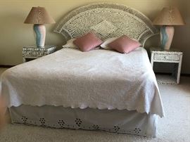Fabulous Wicker Bed, Pair Wicker End Nightstands, Pair Southwest Lamps