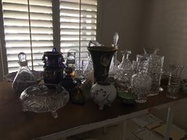 Various crystal bowls decanters vases perfume bottles