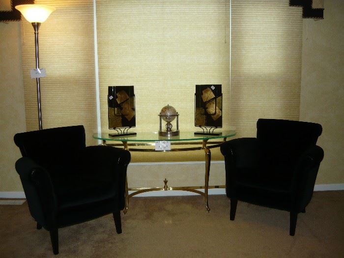 Designer black velvet chairs, glass & brass hall table